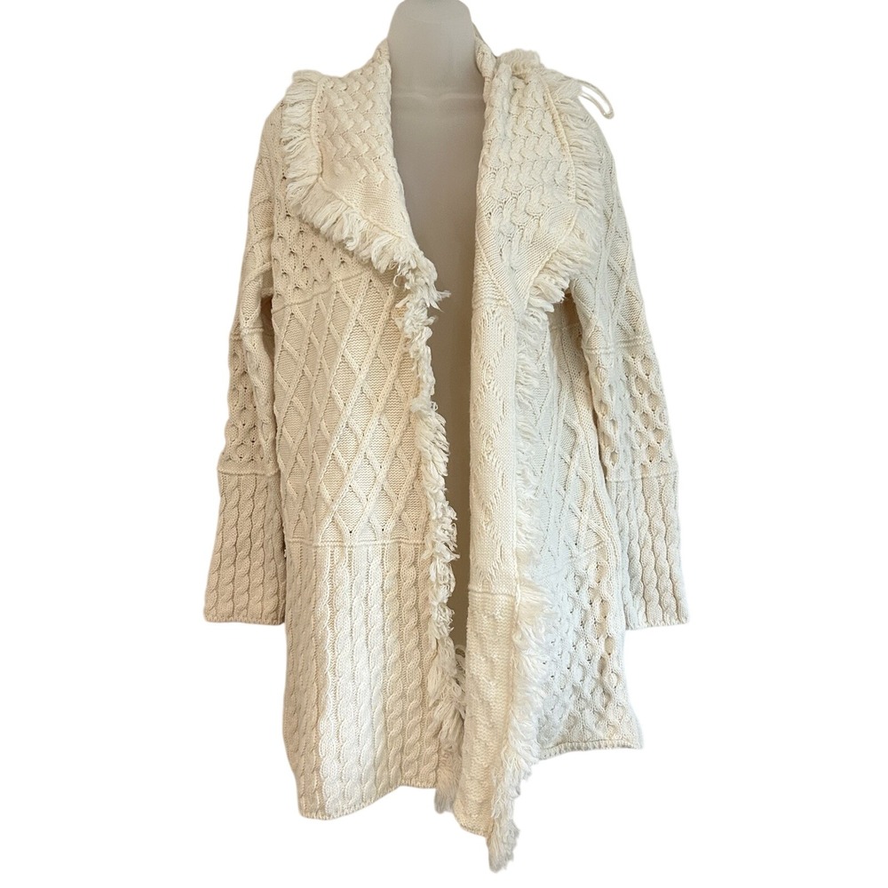 Cocogia Boho Sweater Cardigan Open Sz L Cottage Wool Blend Fringe Italy Made